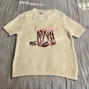 Ivory Women’s Knit Sweater featuring Embroidered Cowgirl boots w/Pink Bow Sz M
